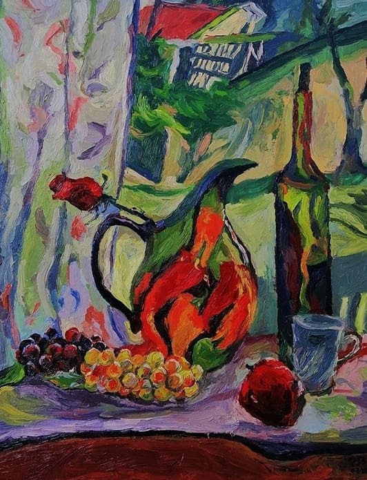 Still Life with Bottles by Oleg Tsank, oil on linen. 