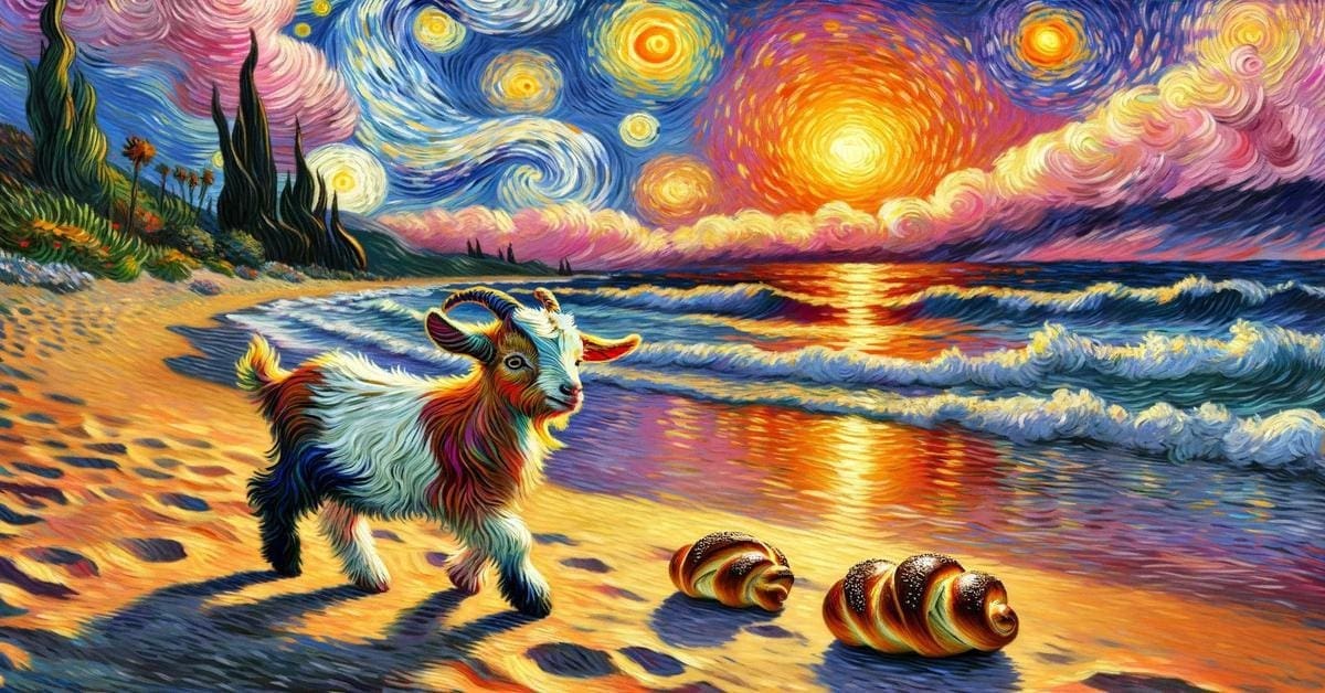 an image advertising an art walk in march - a goat walking on an ocean shore, the seashells are challas, the sky is reminiscent of vincent van gogh's starry night. The image is called "water challa dreams" by vincent van goat.