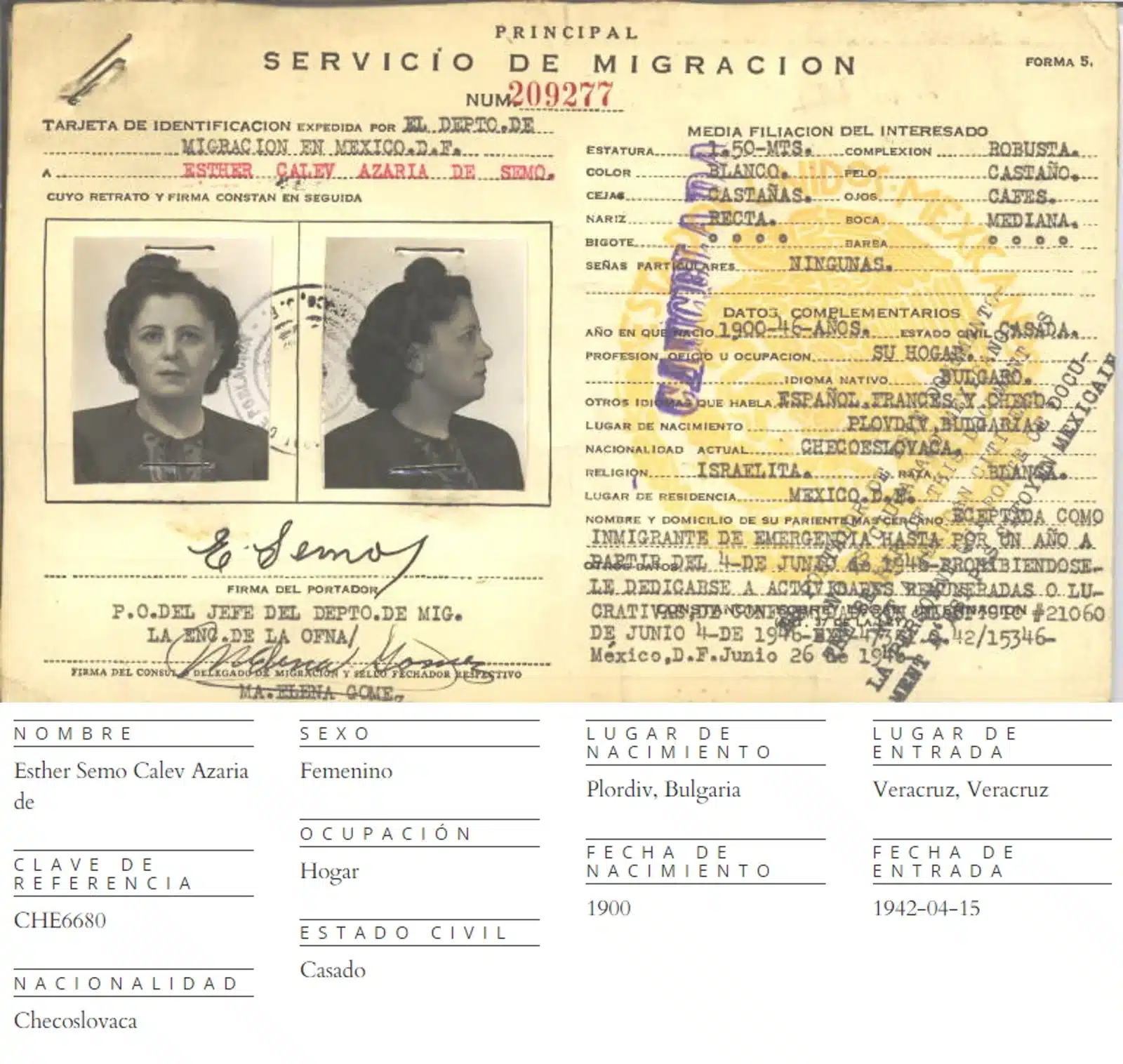 9-Servicio-de-Migracion-Esther-Calev-Azaria-de-Semo-1 1942 Mexican immigration ID card for Esther Semo Calev Azaria, born in Plovdiv, Bulgaria.