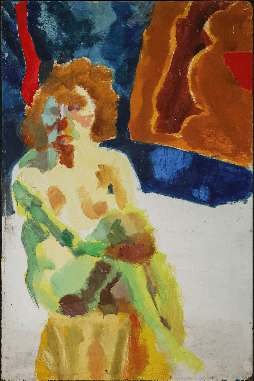 Atara Baker Painting We can see a nude woman sitting on a bench.