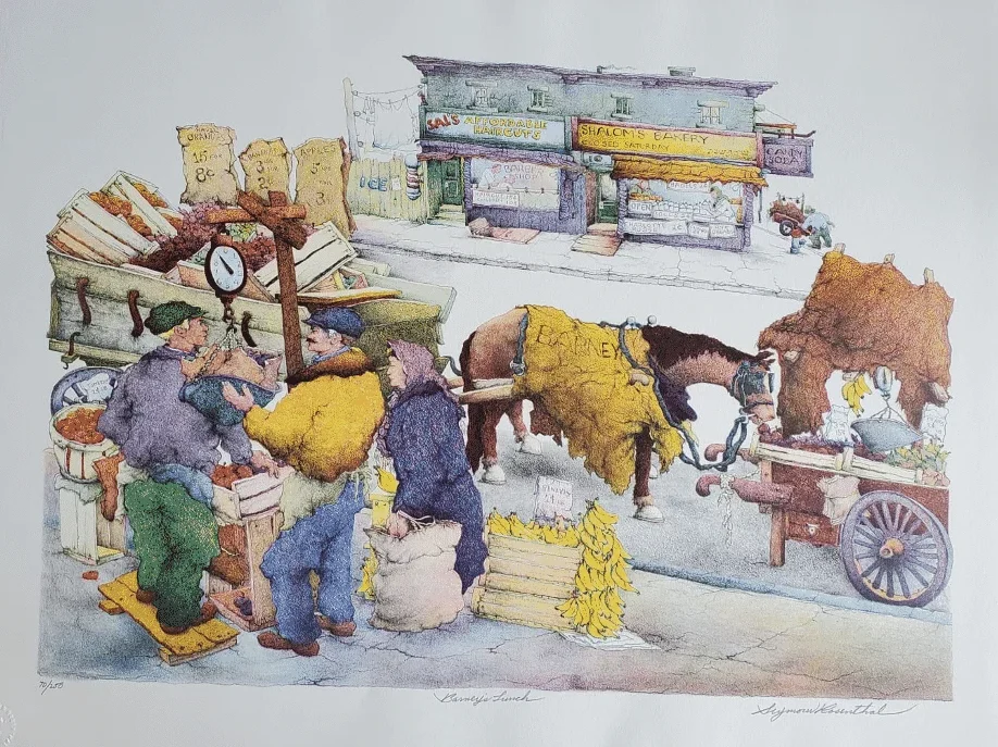 Barneys-Lunch- Barney's Lunch by Seymour Rosenthal is a Lithograph depicting a market scene where a horse eats some of the fruit for sale.