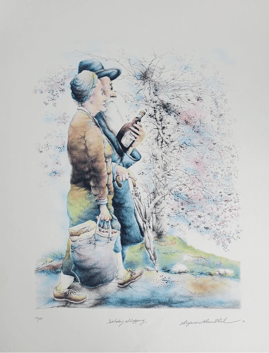 Holiday Shopping Holiday Shopping by Seymour Rosenthal is lithograph depicting an elderly couple carrying a bottle of wine and a bag of food.