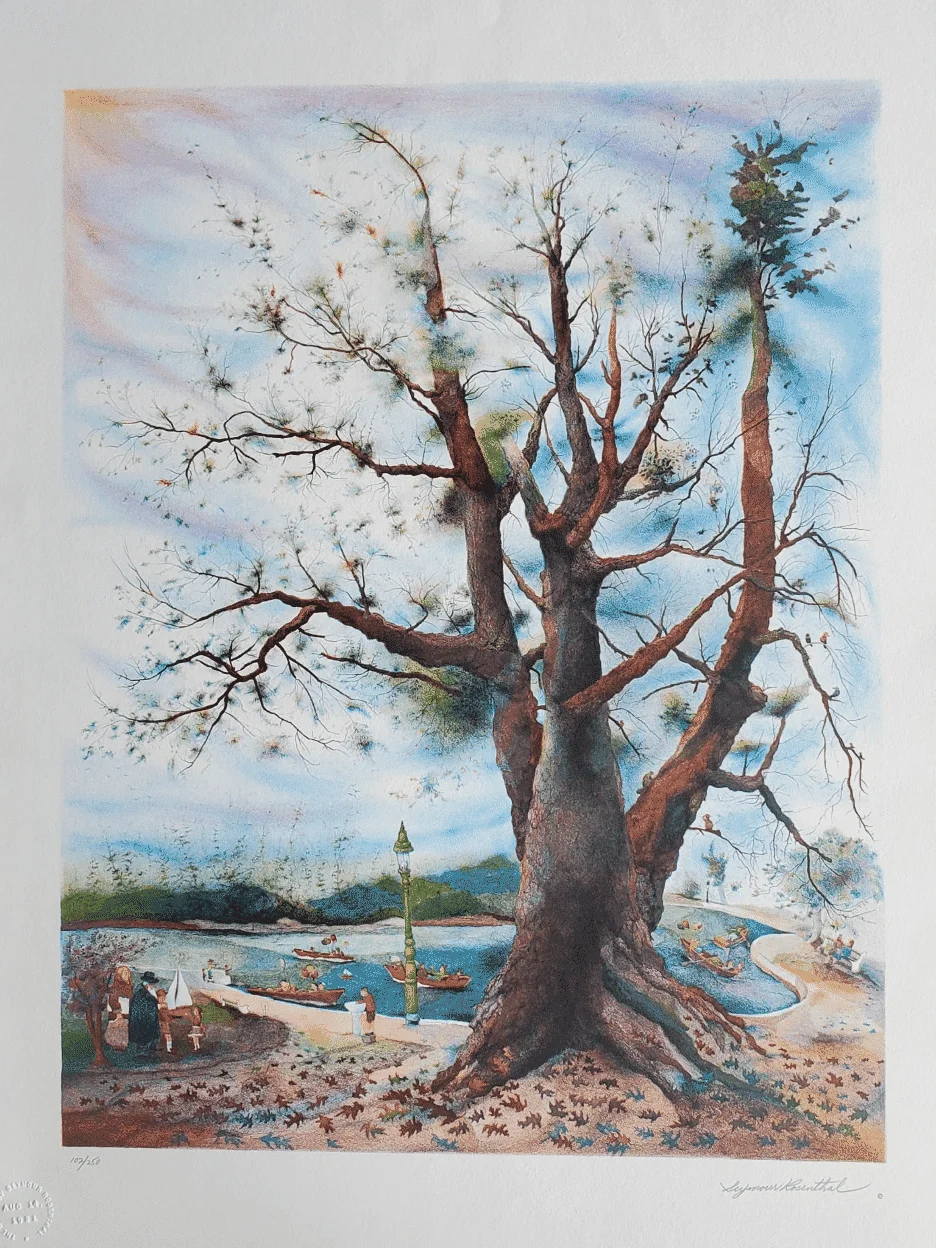 In-The-Park-min In the Park by Seymour Rosenthal is a lithograph of a giant tree shedding its leaves in a park.