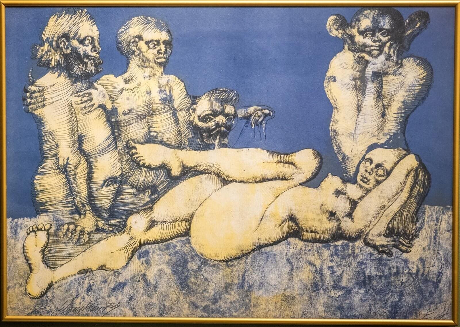 Jan Lebenstein Painting Jan Lebenstein Painting named Corpse de Garde with four nude figures.<br />