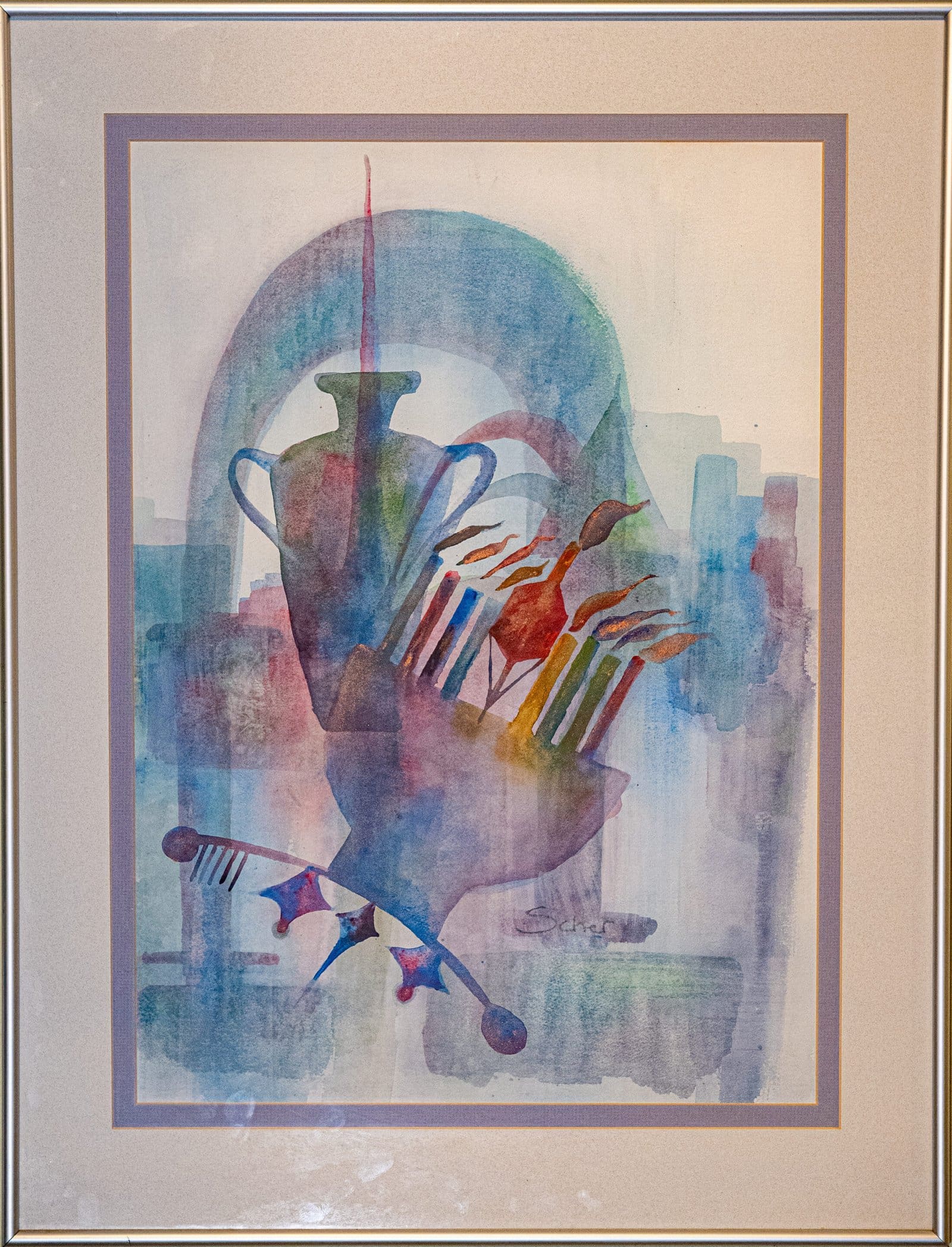 Scher Family A watercolor of chanukkah symbols.