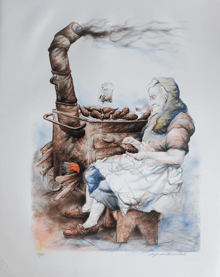 The-Sweet-Potato-Lady-min-768x967 The Sweet Potato Lady by Seymour Rosenthal is a lithograph depicting an elderly woman sitting by a smoking coal oven, where potatoes are cooking.