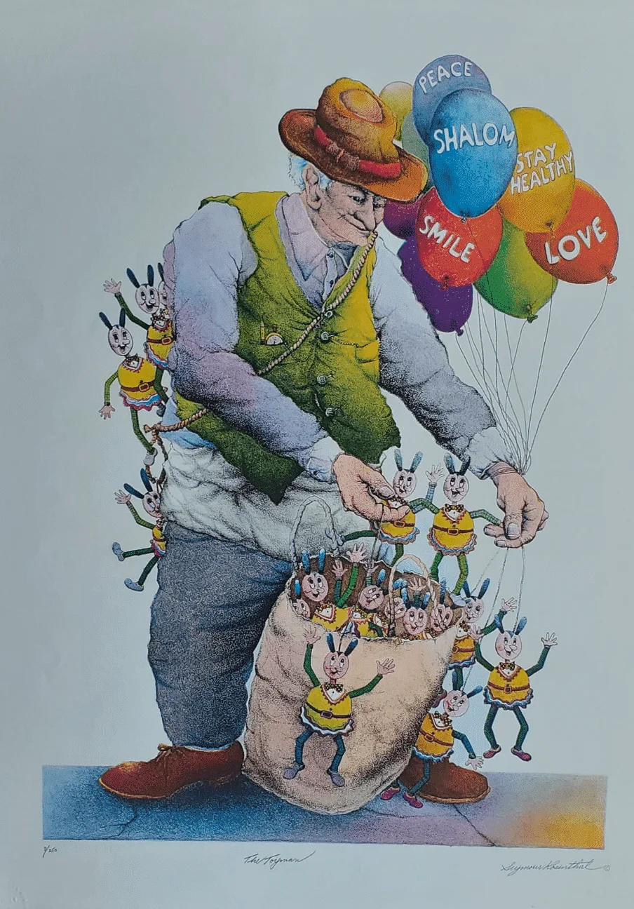 The-Toy-Man-min The Toy Man by Seymour Rosenthal is a lighograph depicting an elderly man with a sac of toys and balloons with positive messages like love and smile.