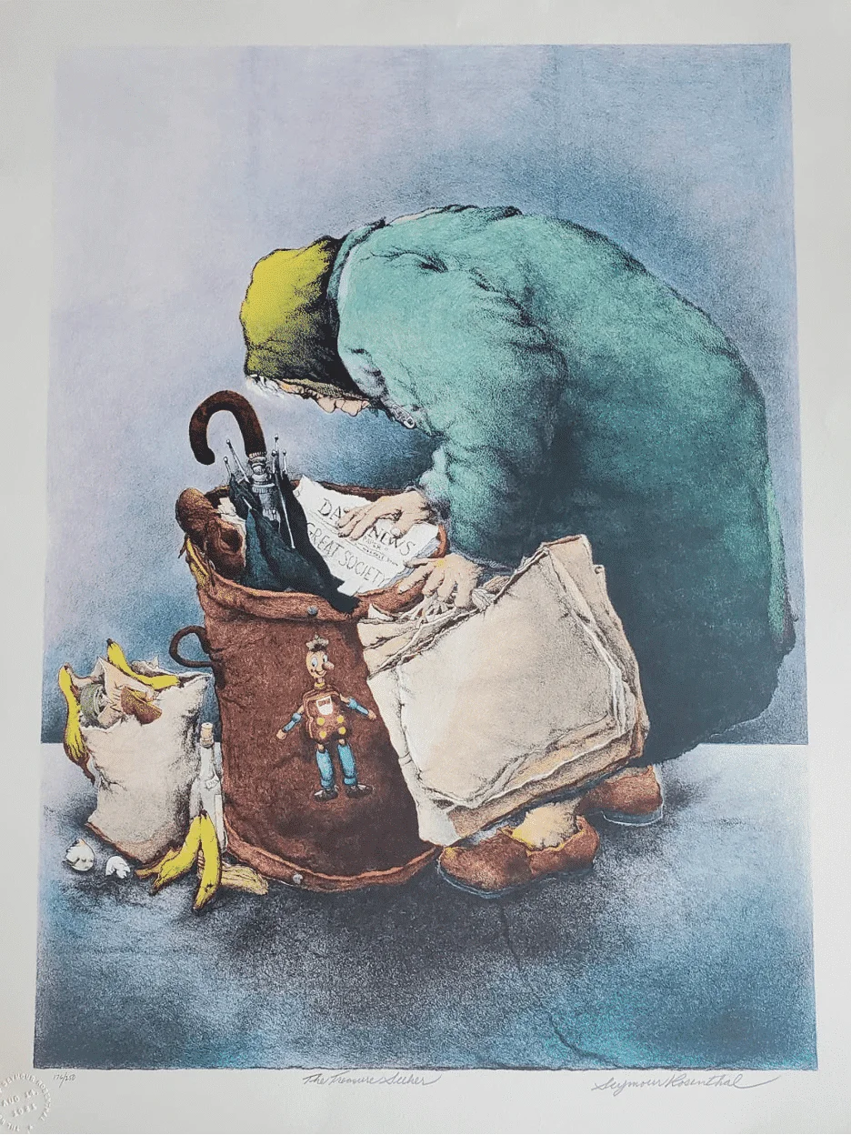 The-Treasure-Seeker-min The Treasure Seeker by Seymour Rosenthal is a lithograph depicting an elderly woman hunched over and rummaging through garbage can.