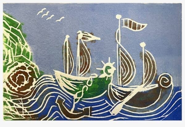 Boats traveling to an land and an anchored boat. Miriam Libhaber Painting - Land Ahoy