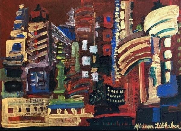 Artwork with city buildings outline with prominent windows. Miriam Libhaber Painting - Shining