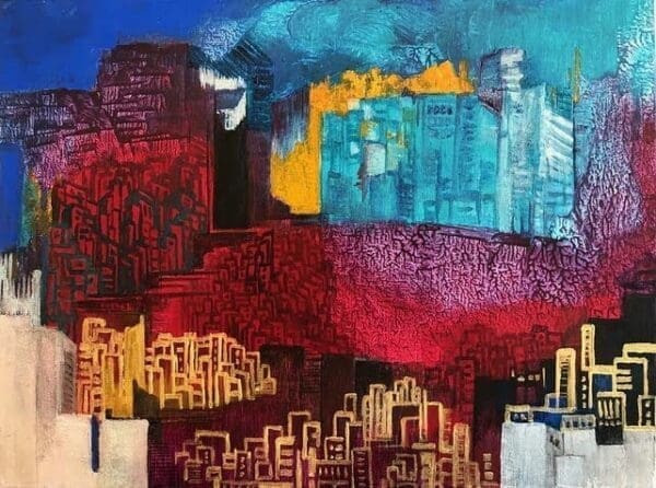 a combination different color buildings outline. Miriam Libhabhor Painting - Textured