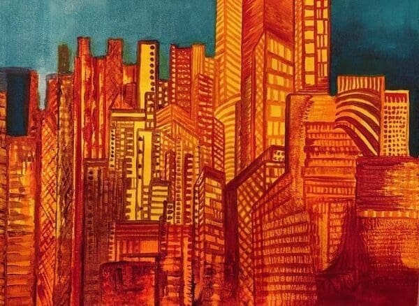 Artwork with city outline with buildings showing minor details includes floor and windows. Miriam Libhaber Painting - One too Many