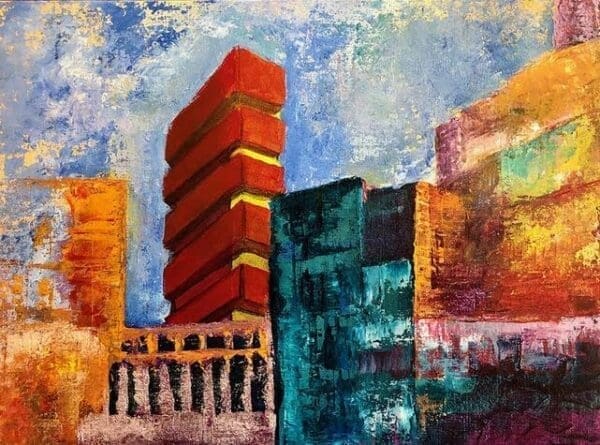 Artwork showing building with an Highrise in red and yellow. Miriam Libhaber Painting - One of a Kind