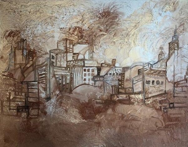 Artwork showing building structure and sand cloud painted on a canvas