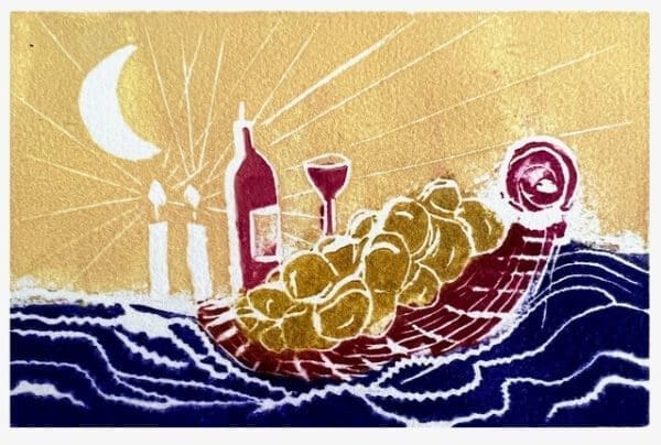 Artwork for Shabbat celebration with wine and candles under moon