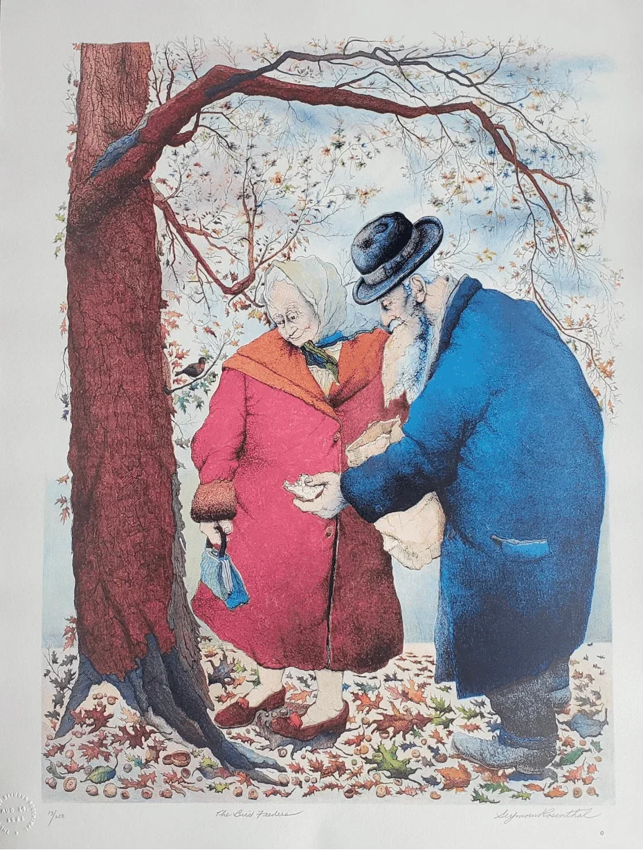 the-birdfeeders-1 The Bird Feeders - Lithograph by Seymour Rosenthal. Shows an elderly couple by a tree with falling leaves, taking out bread to feed birds.