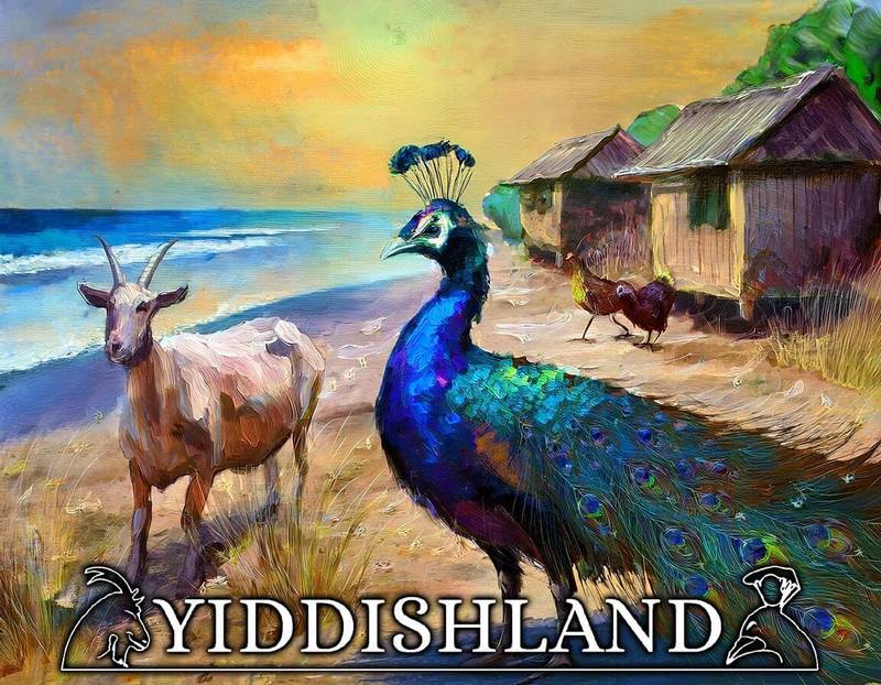 peacock-virtual We can see a peacock and a goat, as they are symbols of Yiddish language and culture.