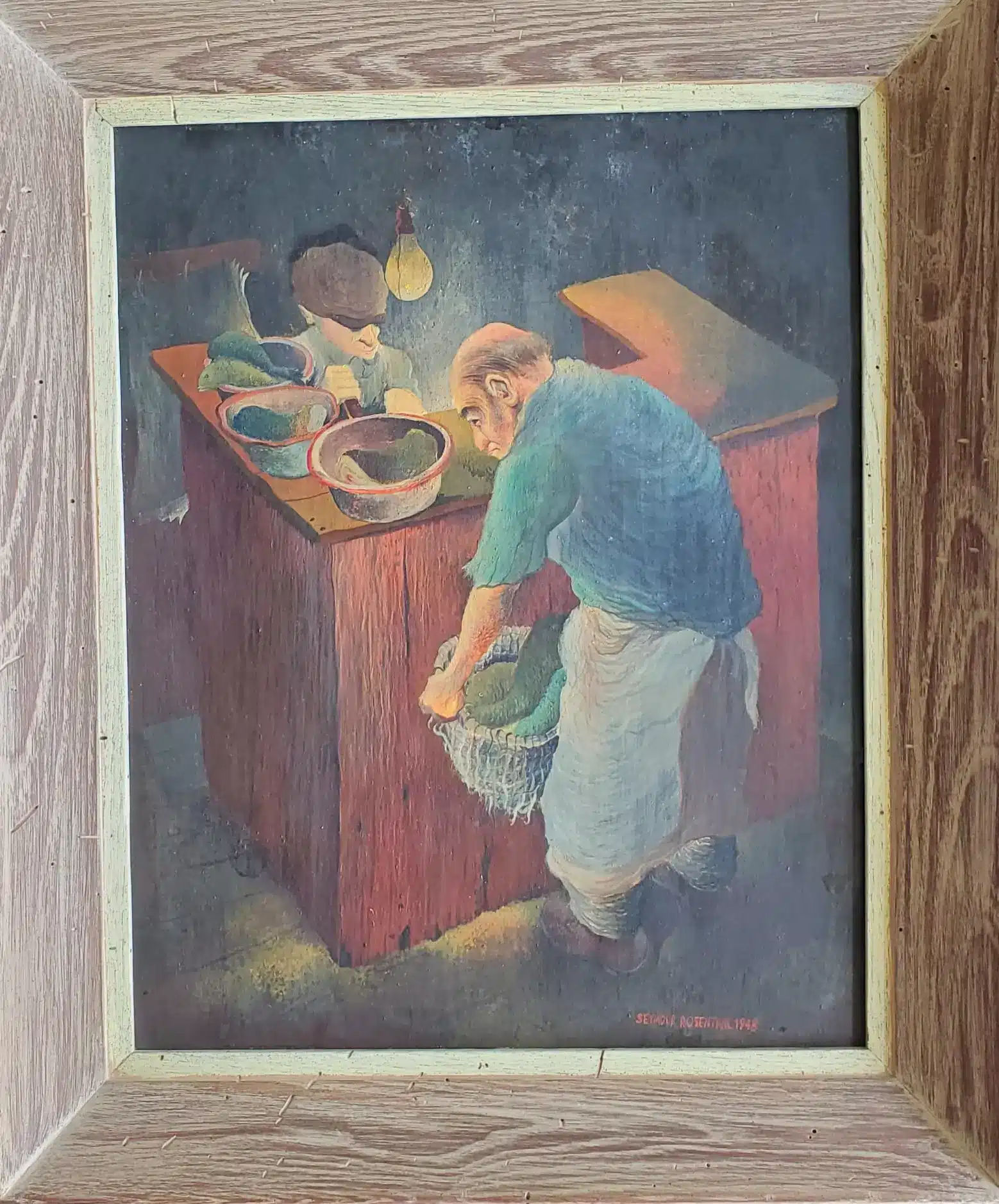 Gutting a Fish by Seymour Rosenthal with frame optimized Gutting a Fish by Seymour Rosenthal depicts a scene from the fish market, the painting is signed Seymour Rosenthal 1948.