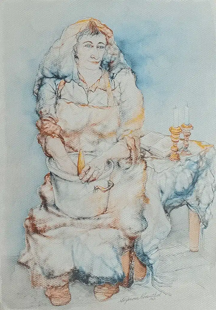 Making_Kasha- optimized Making Kasha by Seymour Rosenthal depicts a lady sitting with a cooking utensil in hand with candles kept on table.