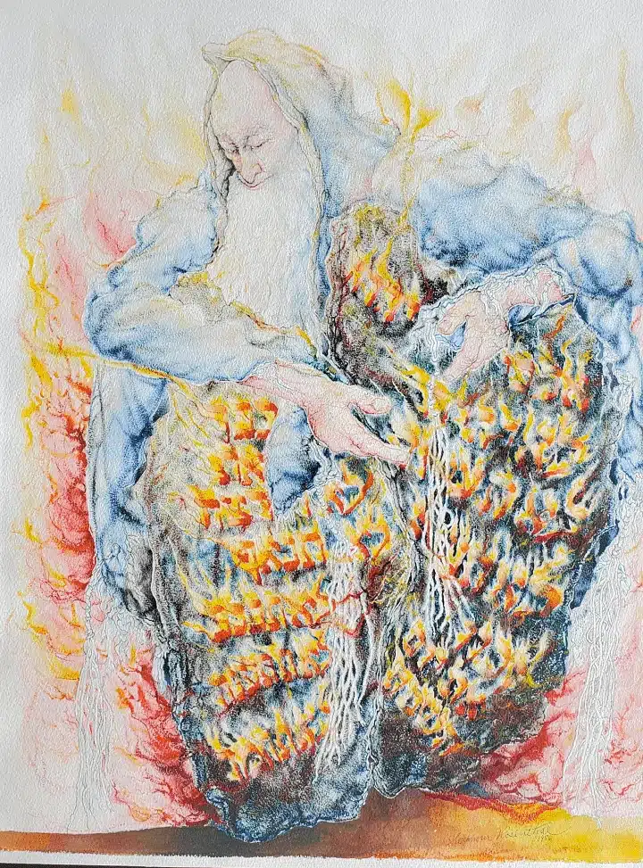 Moses_and_the_Burning_Bush- optimized Moses and the Burning Bush by Seymour Rosenthal is a painting which depicts Moses with a white beard melding into a bush which has the Hebrew letters of the ten commandments burning on it.