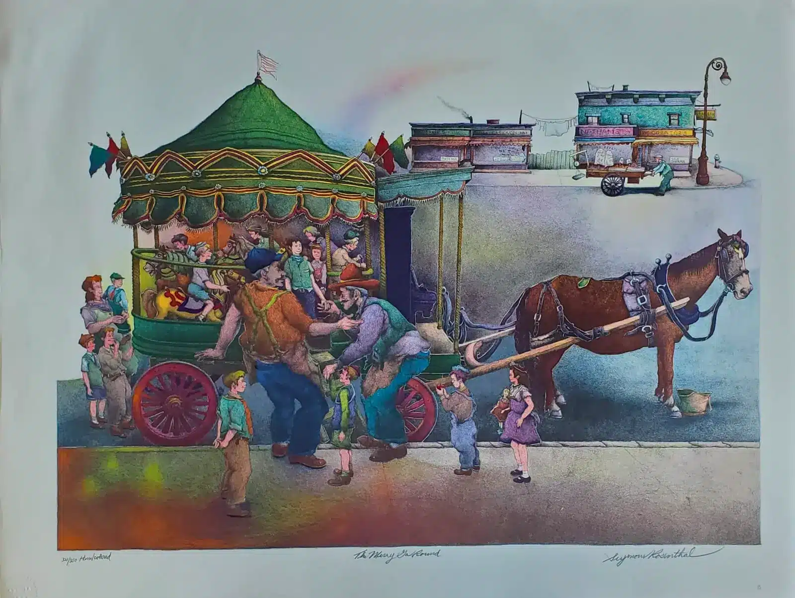 merry go round optimized Merry Go Round by Seymour Rosenthal is a lithograph depicting a fair, with a merry go round and a horse drawn carriage.