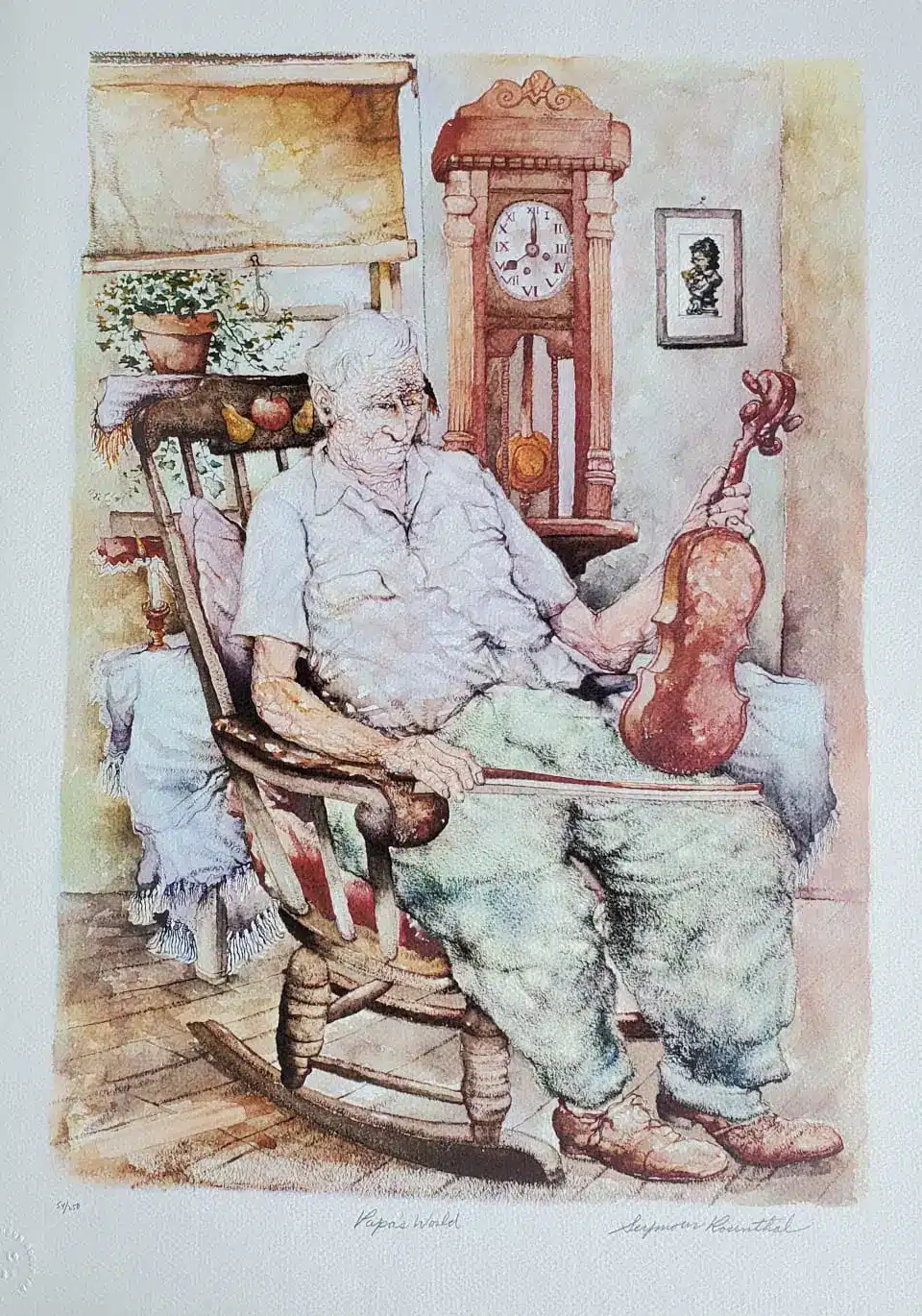 papas world optimized Papas World by Seymour Rosenthal depicts an older man sitting in a rocking chair, holding a fiddle.