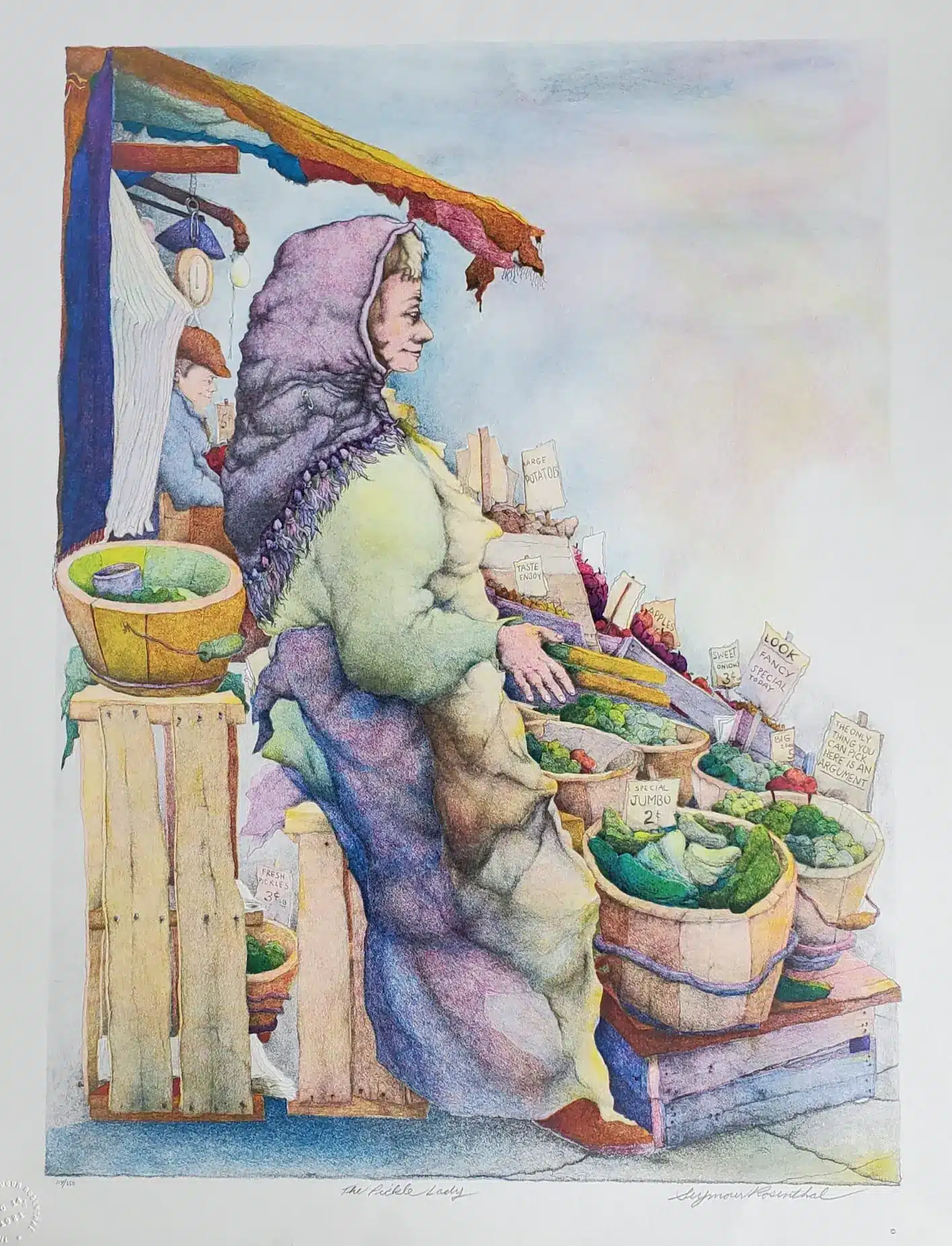 the pickle lady by rosenthal optimized The Pickle Lady by Seymour Rosenthal is a lithograph of a lady standing over her selection of pickled vegetables.