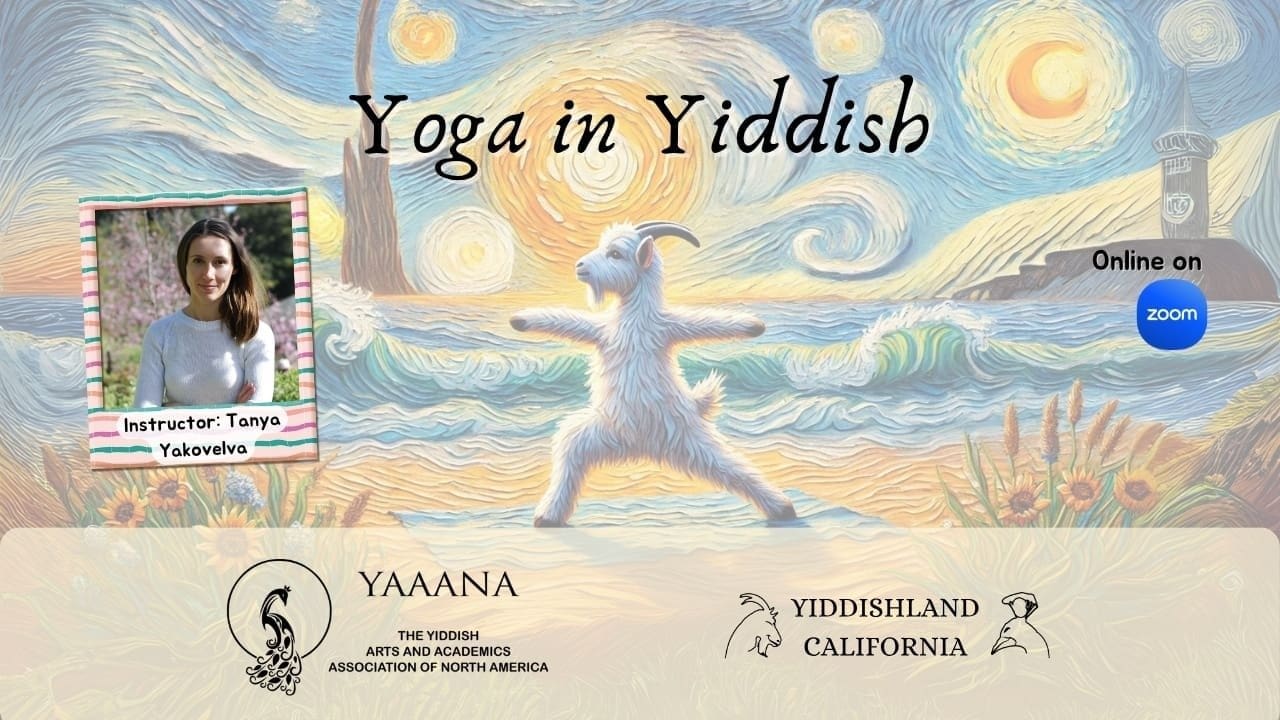 Portrait of Tanya Yakovleva promoting Yiddish yoga classes titled “Yoga in Yiddish,” featuring calming, beginner-friendly sessions with English translation.