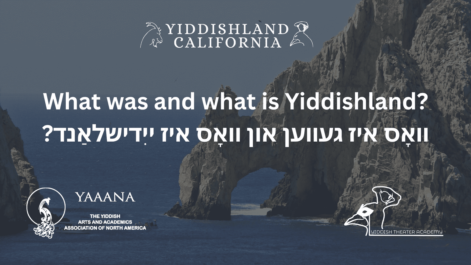 YiddishlandCabo A promotional poster reading What was and what is Yiddishland in English and in Yiddish, with an image of an ocean cove in the background