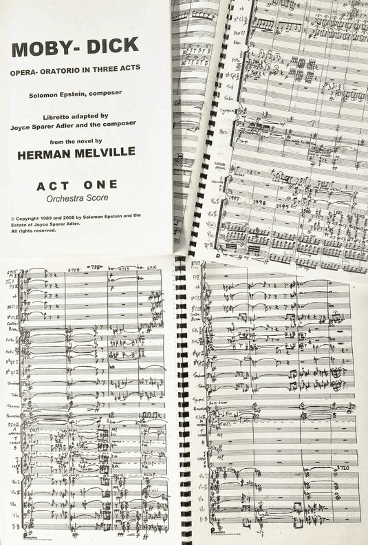 Photos of Solomon Epstein’s music manuscripts Orchestra score and handwritten music manuscript pages from Solomon Epstein’s opera-oratorio Moby-Dick.