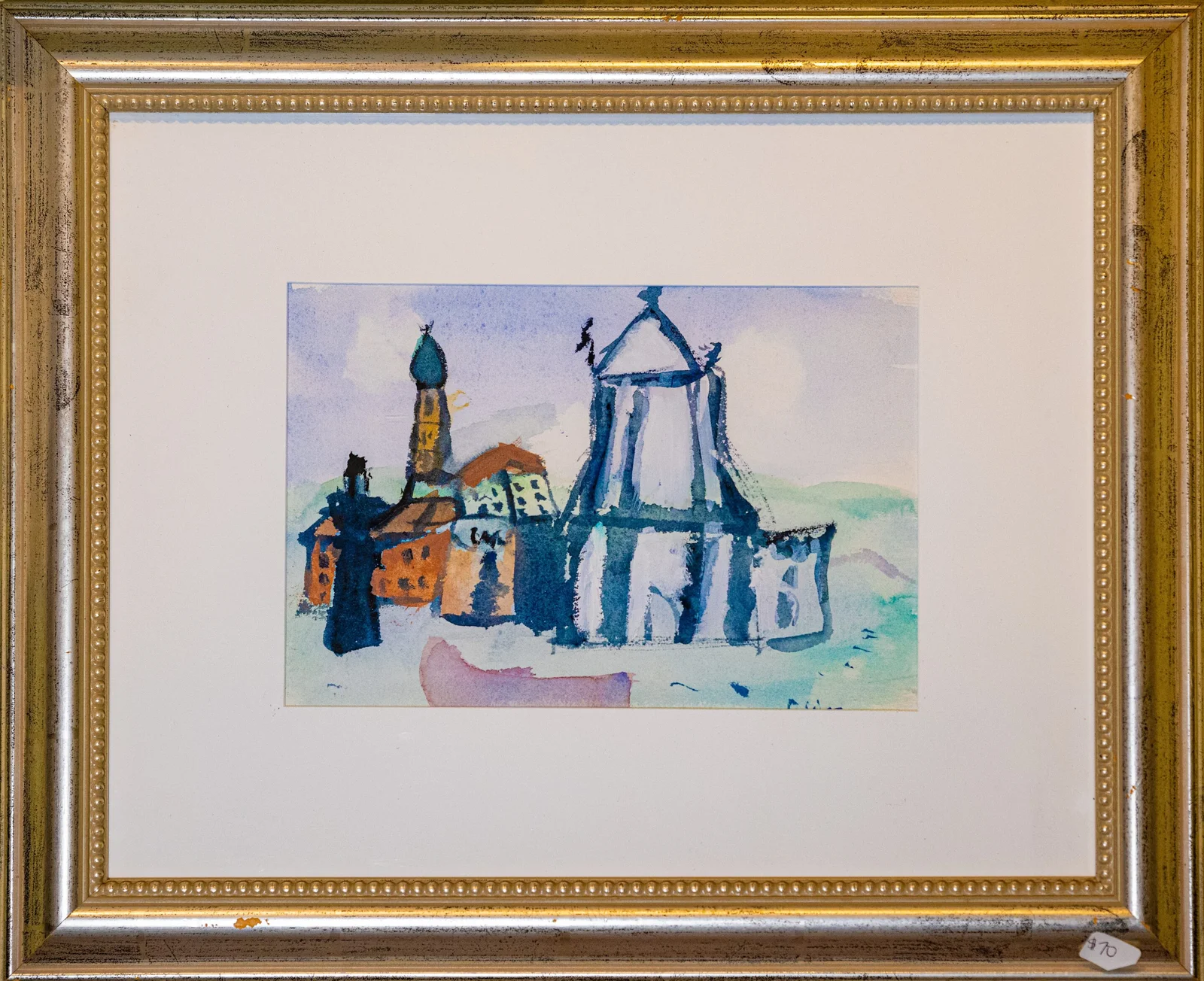 Watercolor Painting of a church and surrounding buildings - unknown artists